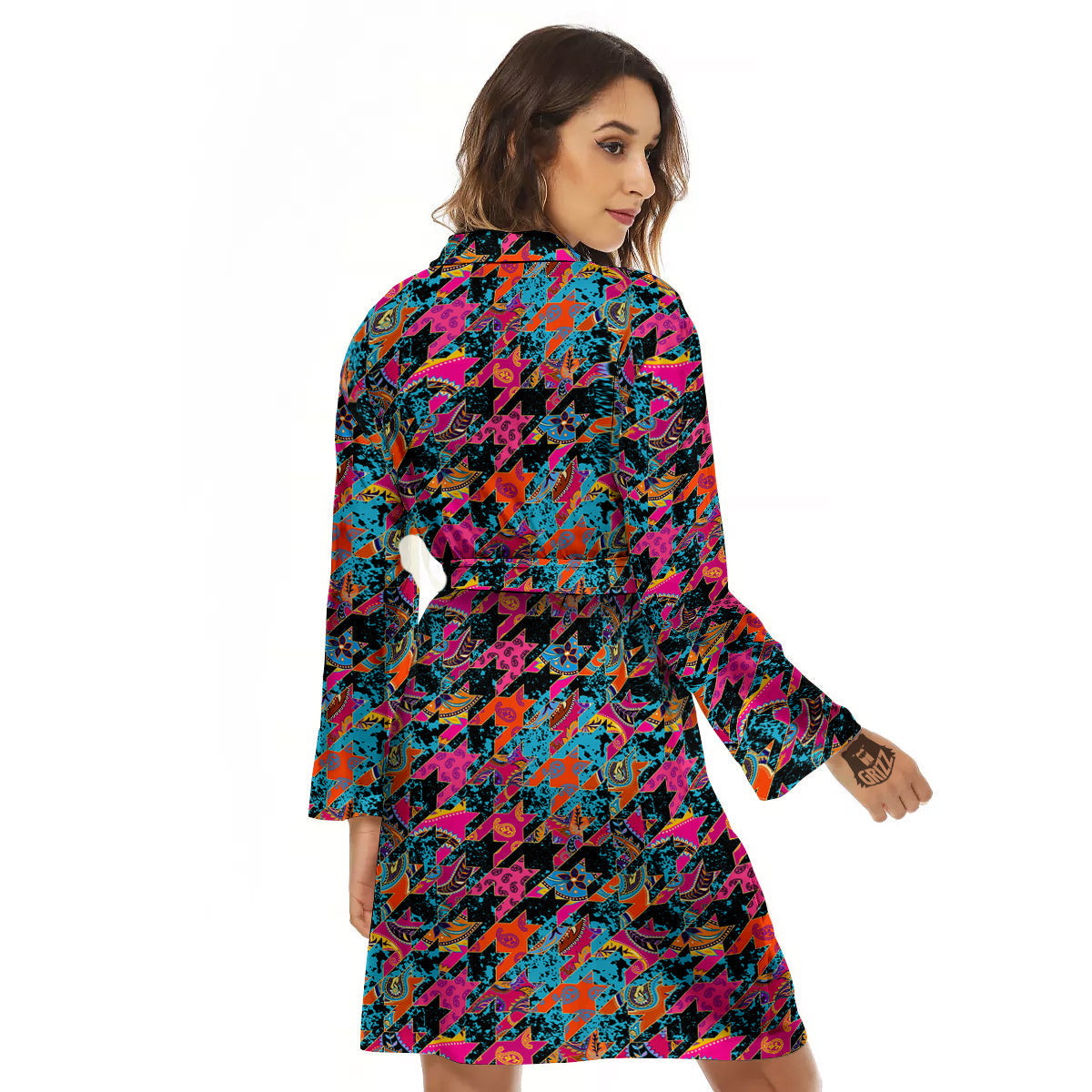 Houndstooth Abstract And Paisley Print Pattern Women's Robe-grizzshop