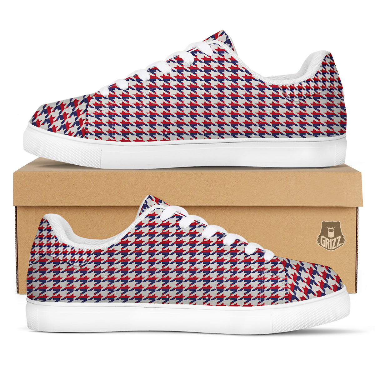 Houndstooth American Print Pattern White Low Top Sneakers-grizzshop