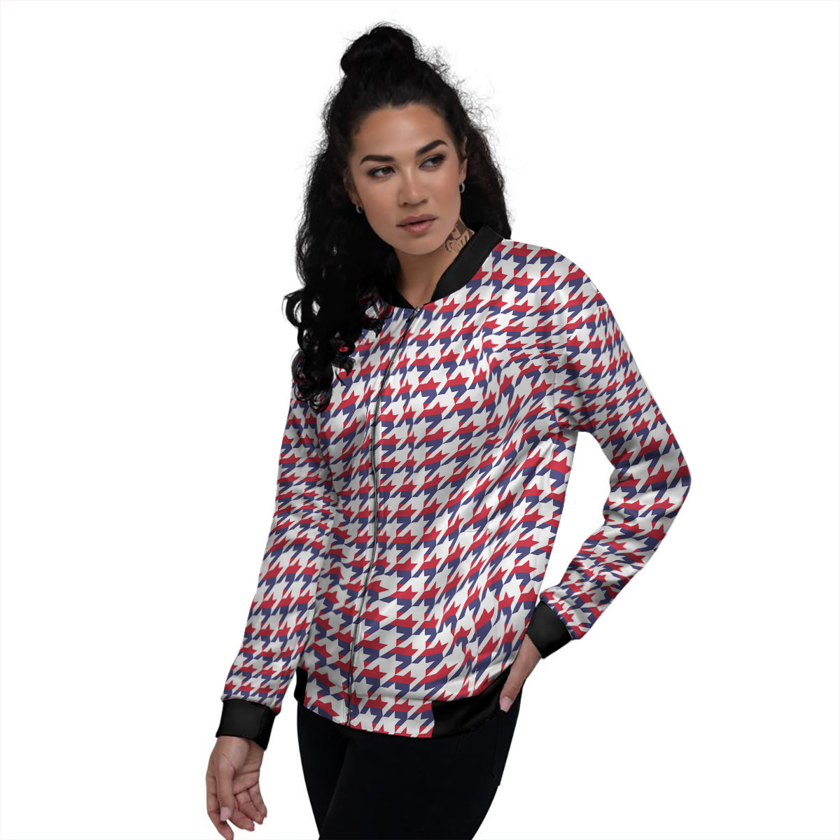Houndstooth American Print Pattern Women's Bomber Jacket-grizzshop