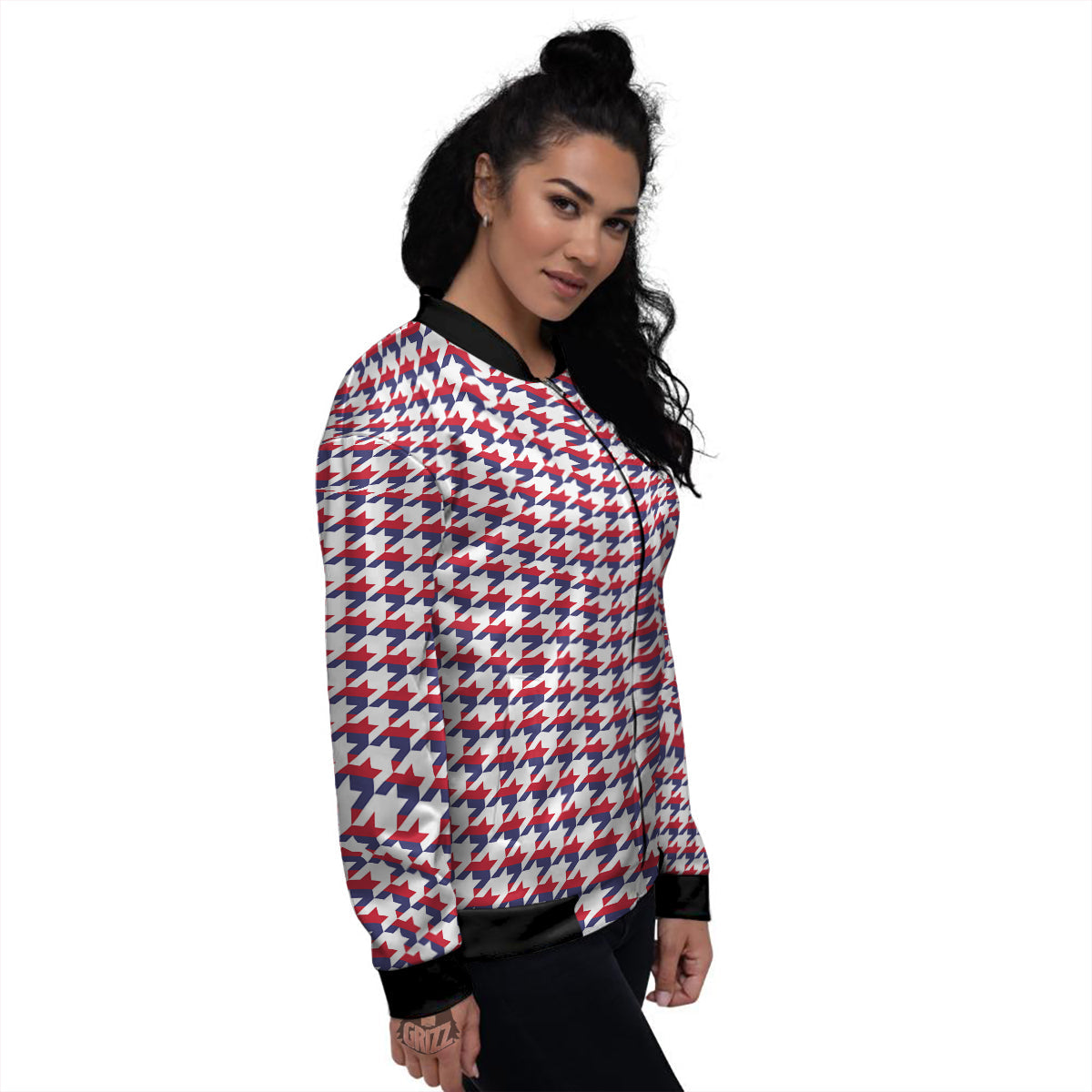 Houndstooth American Print Pattern Women's Bomber Jacket-grizzshop