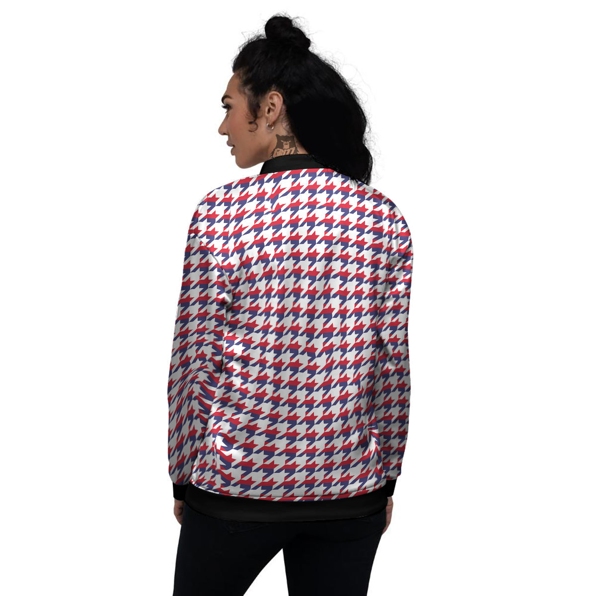Houndstooth American Print Pattern Women's Bomber Jacket-grizzshop