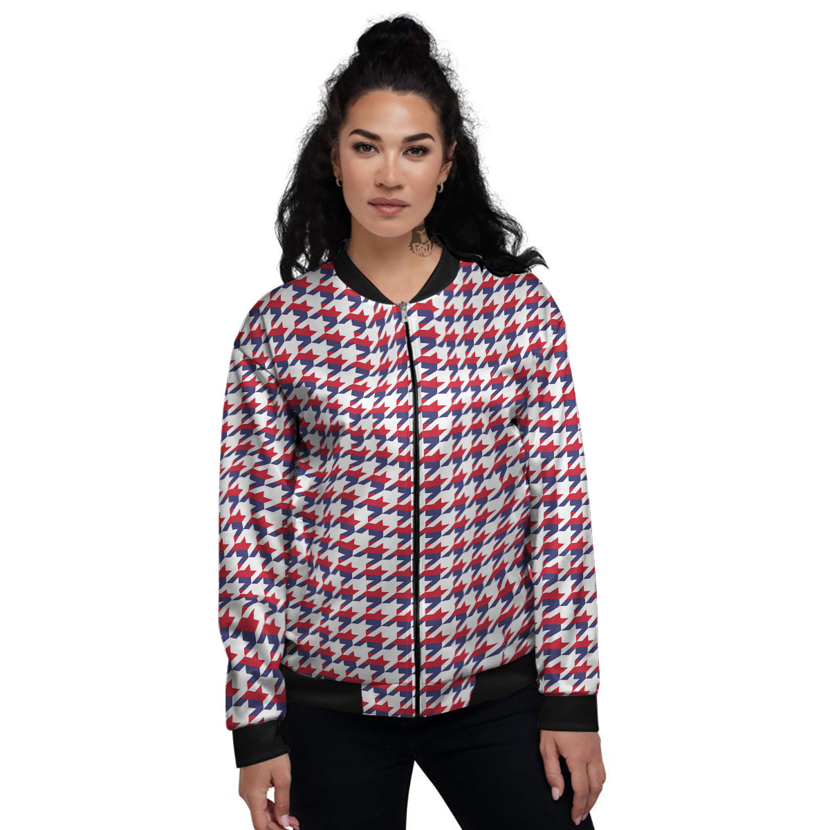 Houndstooth American Print Pattern Women's Bomber Jacket-grizzshop