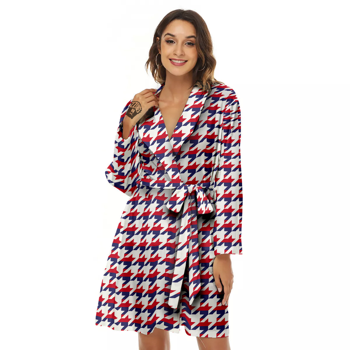 Houndstooth American Print Pattern Women's Robe-grizzshop
