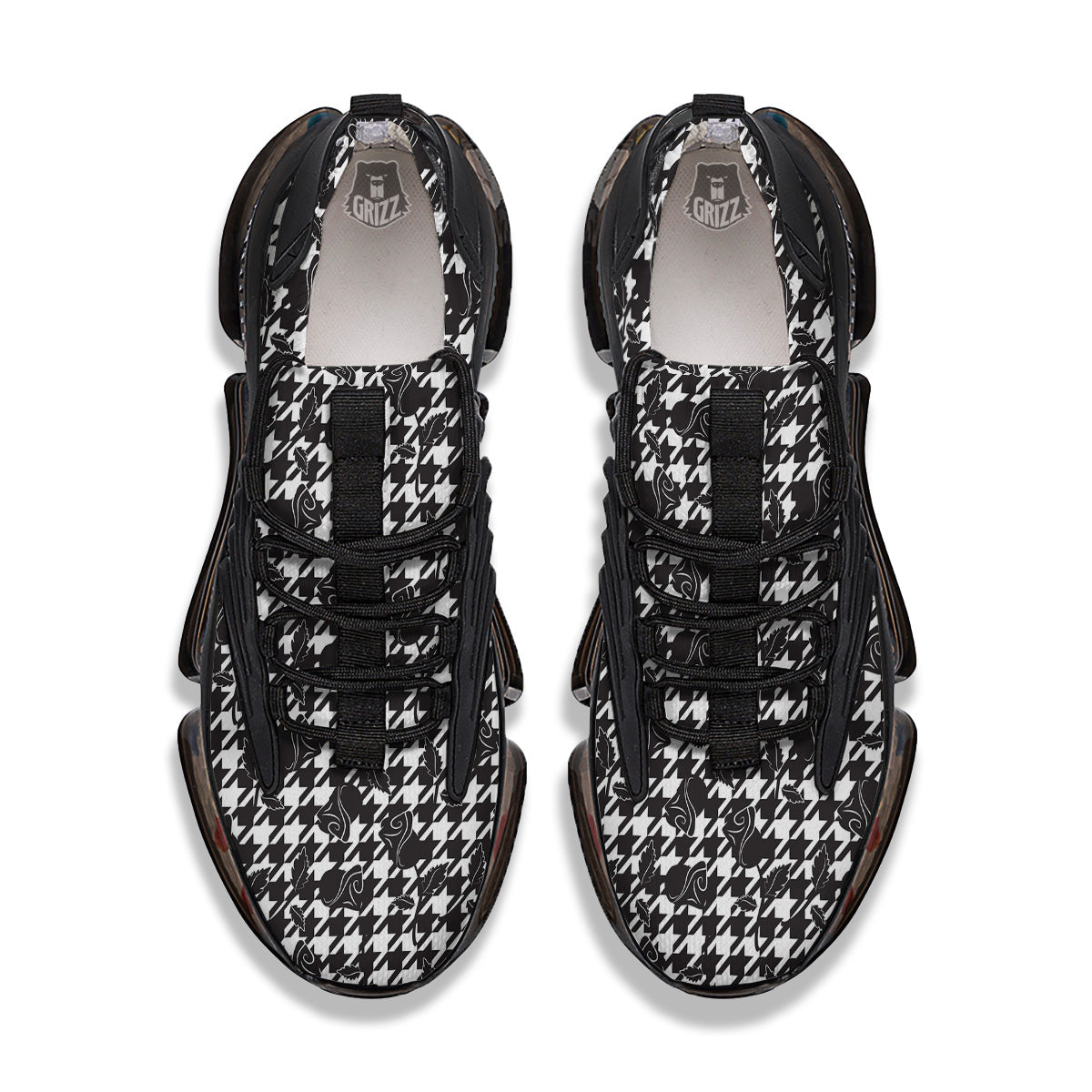 Houndstooth And Black Rose Print Pattern Black Gym Shoes-grizzshop