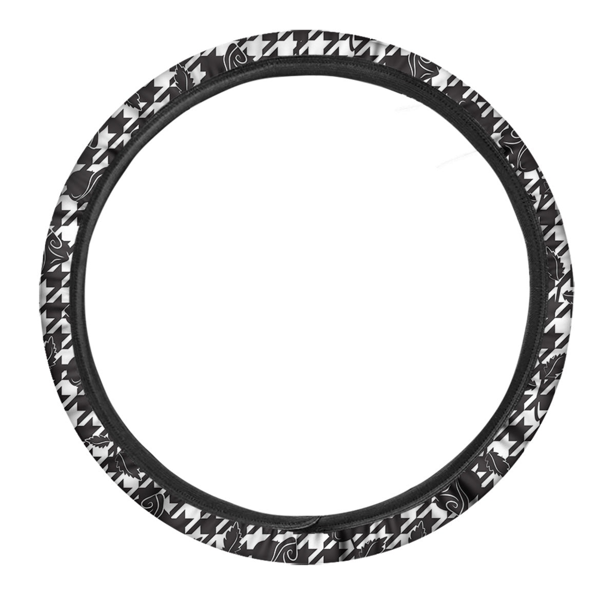 Houndstooth And Black Rose Print Pattern Car Steering Wheel Cover-grizzshop