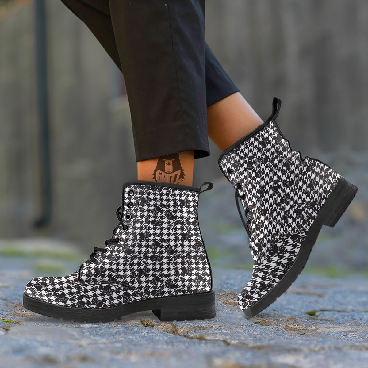 Houndstooth And Black Rose Print Pattern Leather Boots-grizzshop