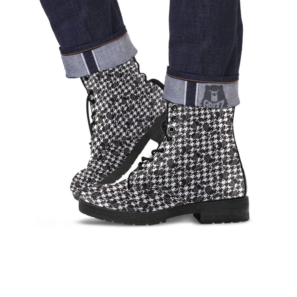 Houndstooth And Black Rose Print Pattern Leather Boots-grizzshop