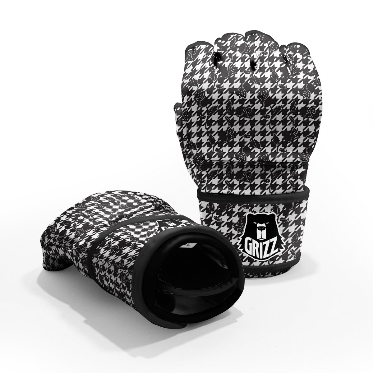 Houndstooth And Black Rose Print Pattern MMA Gloves-grizzshop