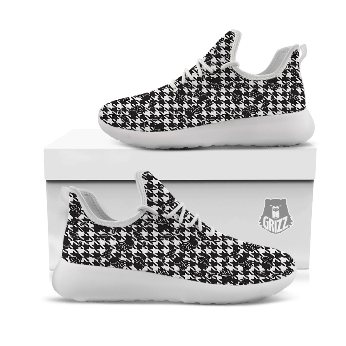 Houndstooth And Black Rose Print Pattern White Athletic Shoes-grizzshop
