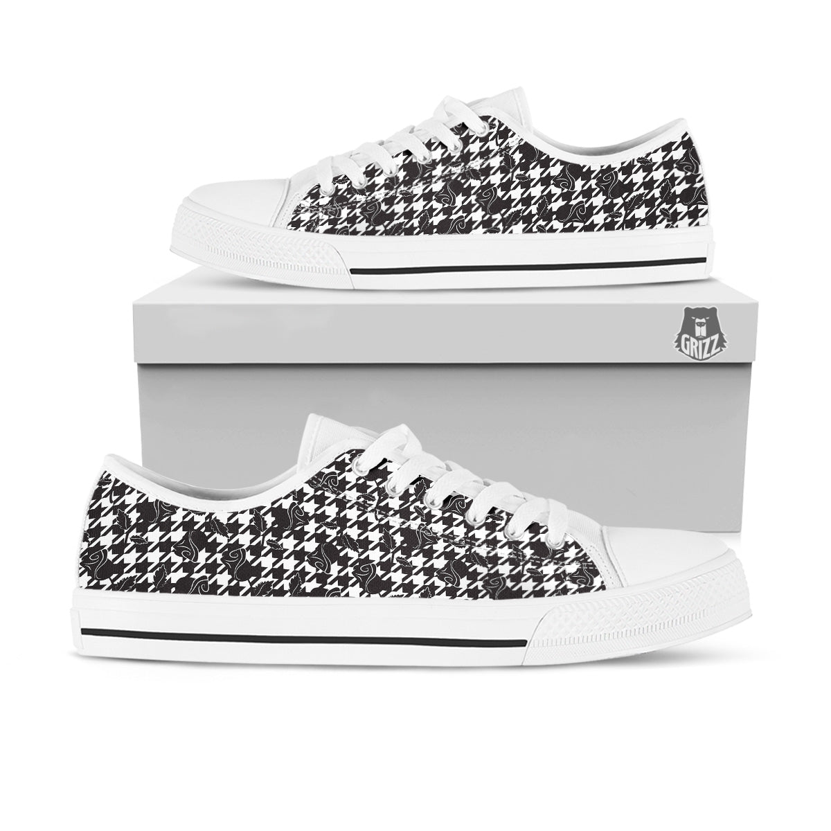 Houndstooth And Black Rose Print Pattern White Low Top Shoes-grizzshop