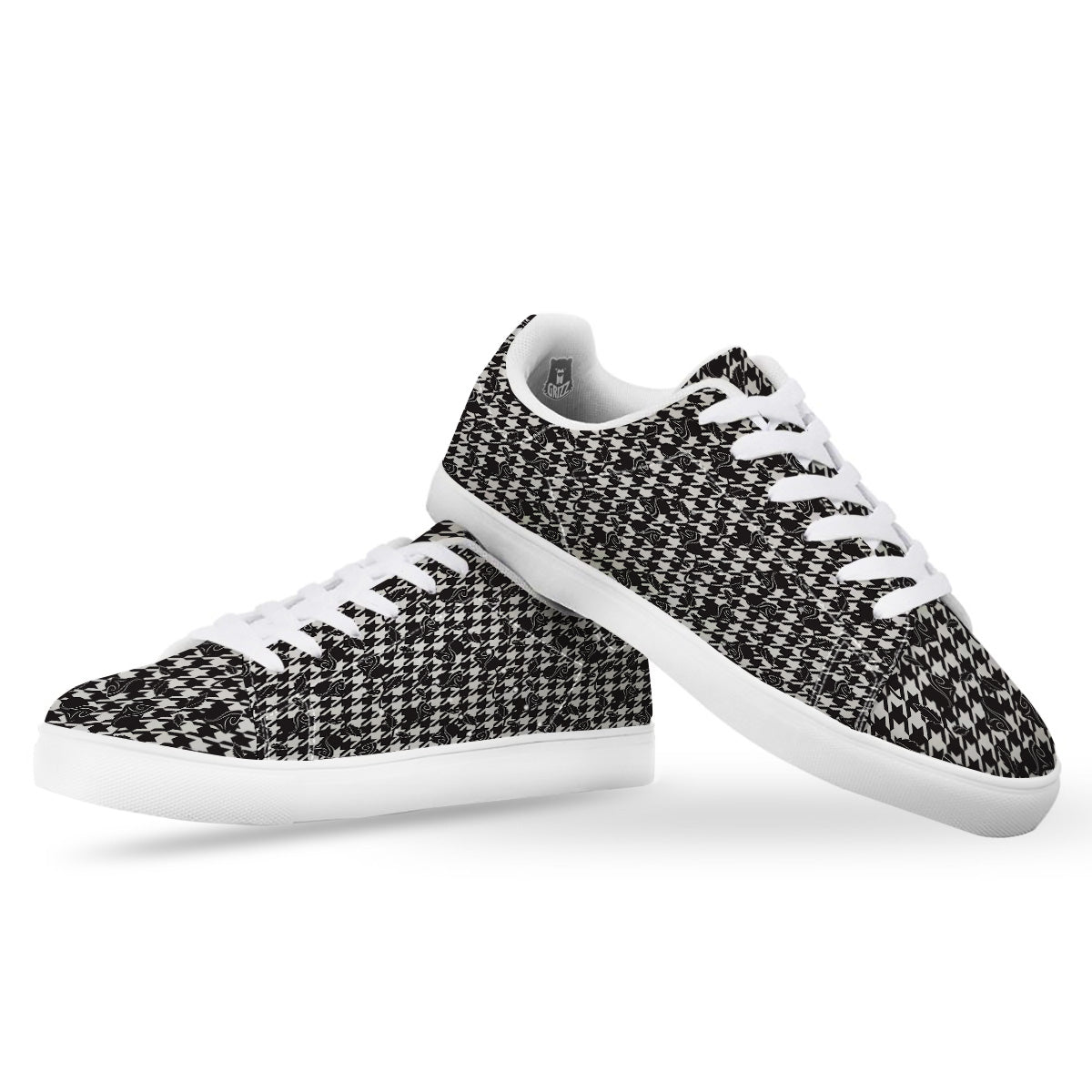 Houndstooth And Black Rose Print Pattern White Low Top Sneakers-grizzshop