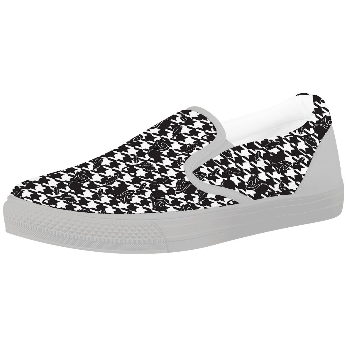 Houndstooth And Black Rose Print Pattern White Slip On Shoes-grizzshop