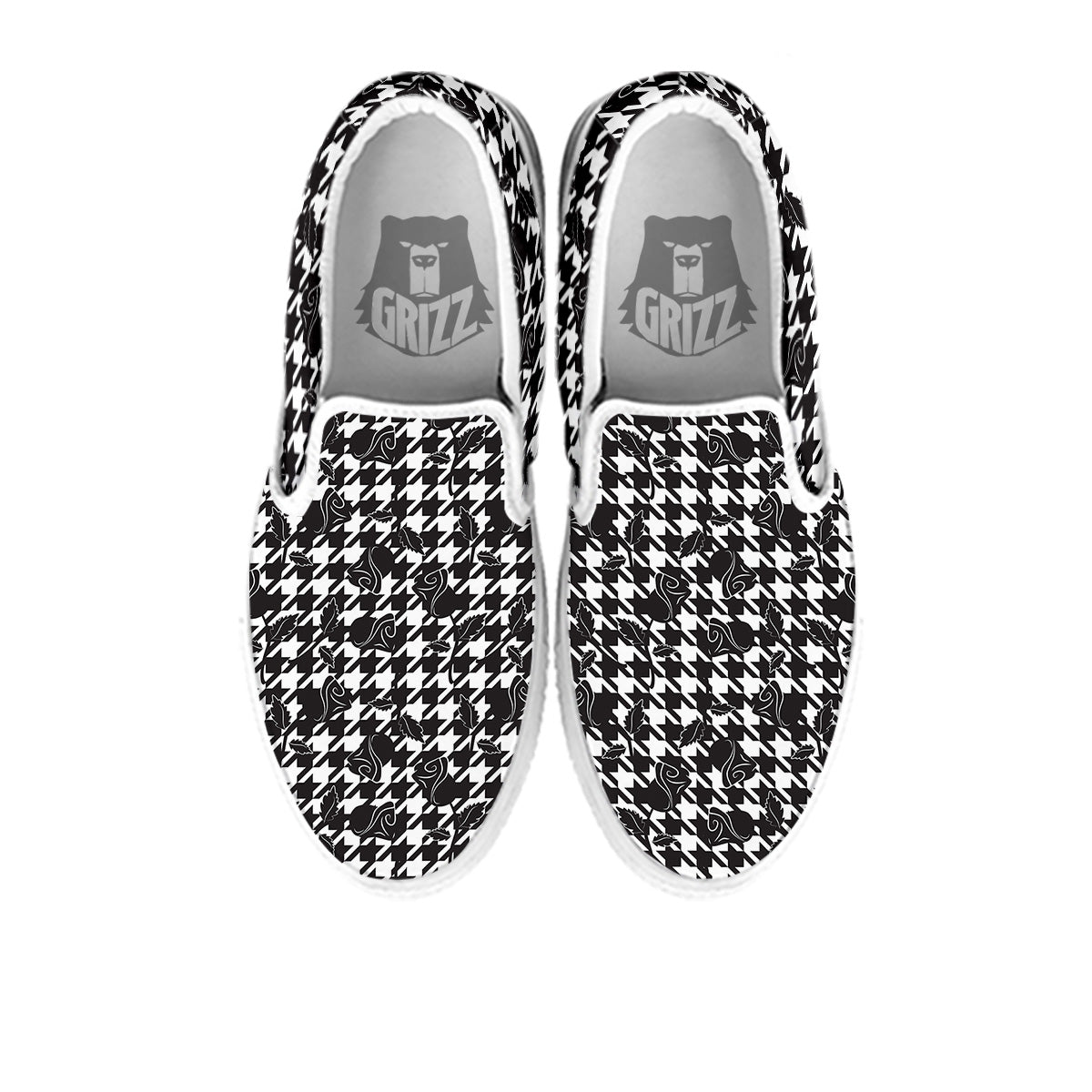 Houndstooth And Black Rose Print Pattern White Slip On Shoes-grizzshop