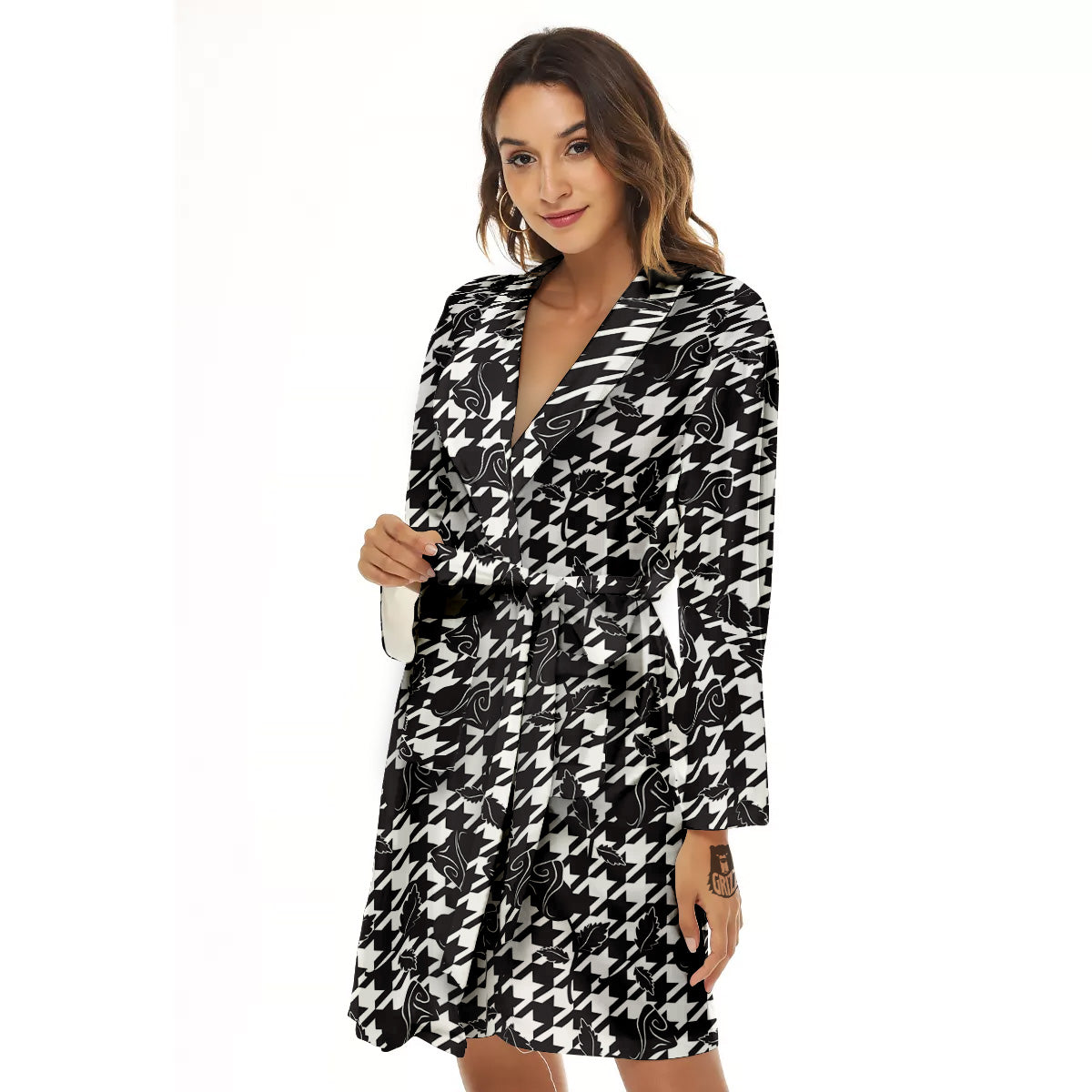Houndstooth And Black Rose Print Pattern Women's Robe-grizzshop