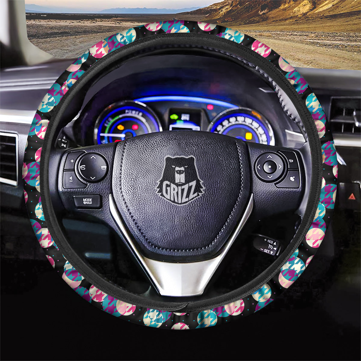 Houndstooth And Classic Polka Dot Print Pattern Car Steering Wheel Cover-grizzshop