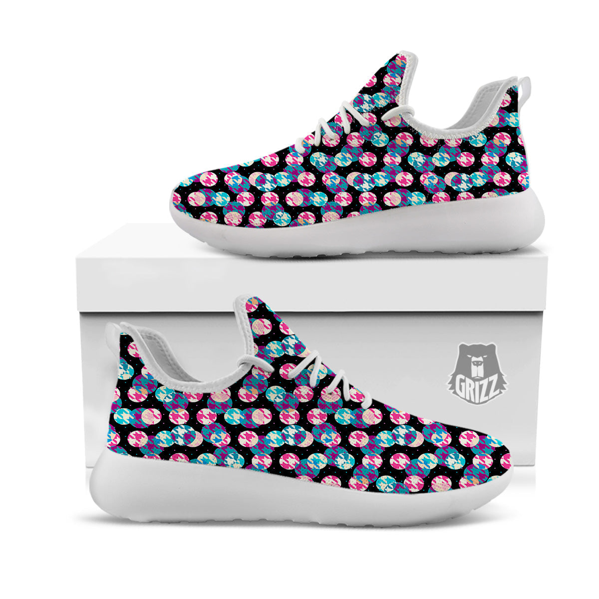 Houndstooth And Classic Polka Dot Print Pattern White Athletic Shoes-grizzshop