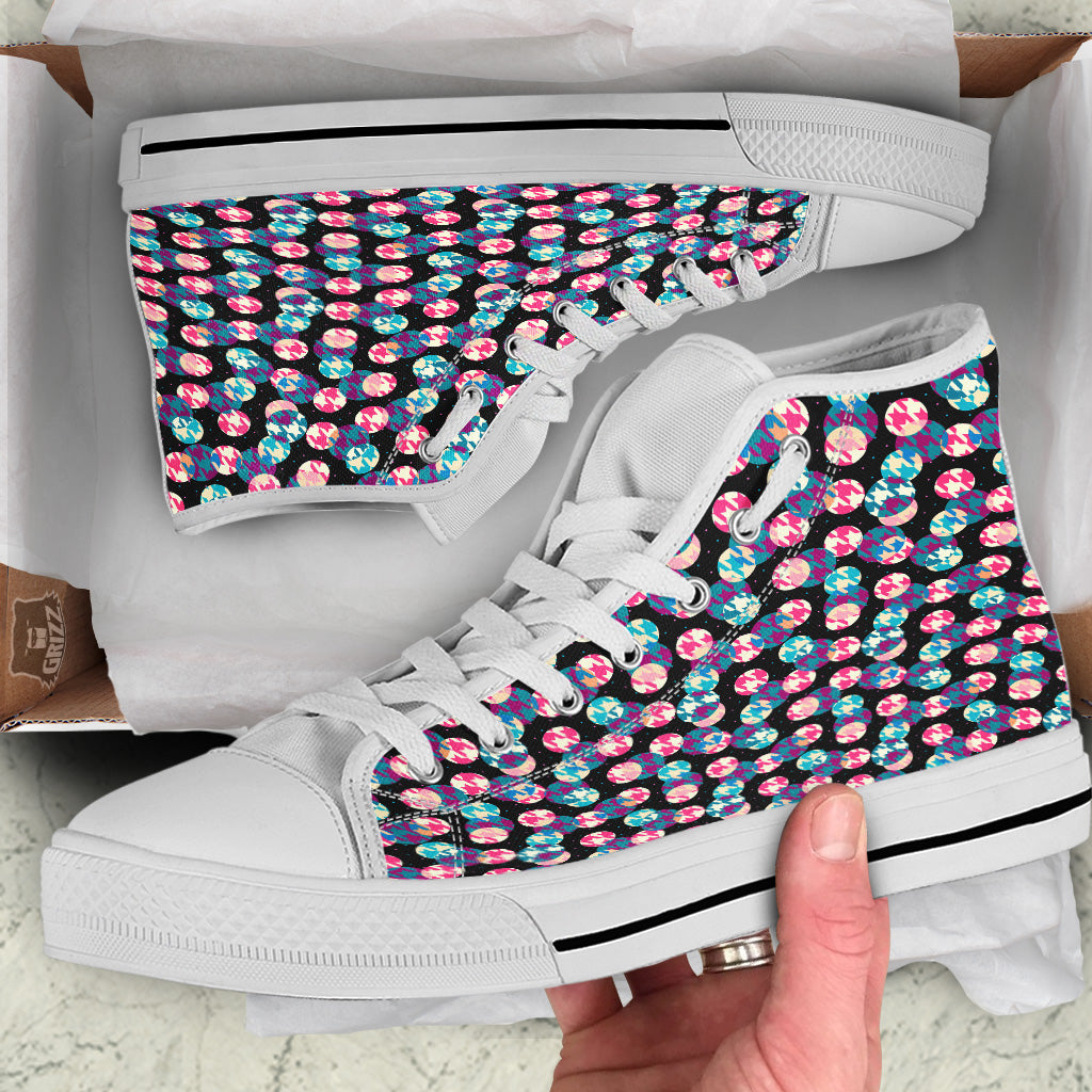 Houndstooth And Classic Polka Dot Print Pattern White High Top Shoes-grizzshop