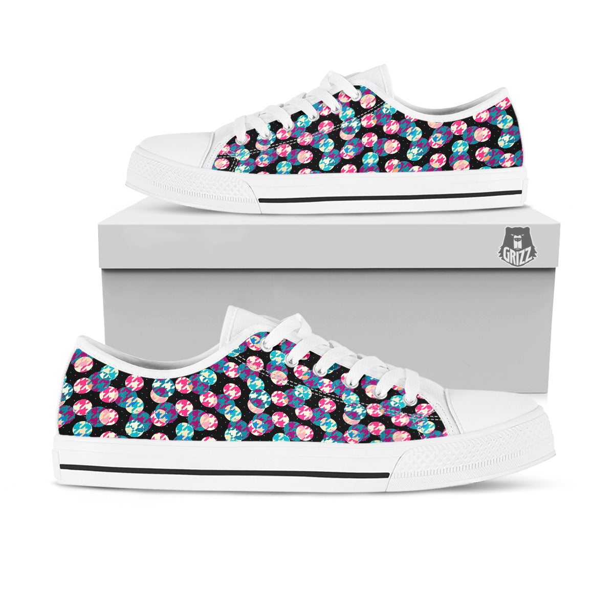 Houndstooth And Classic Polka Dot Print Pattern White Low Top Shoes-grizzshop