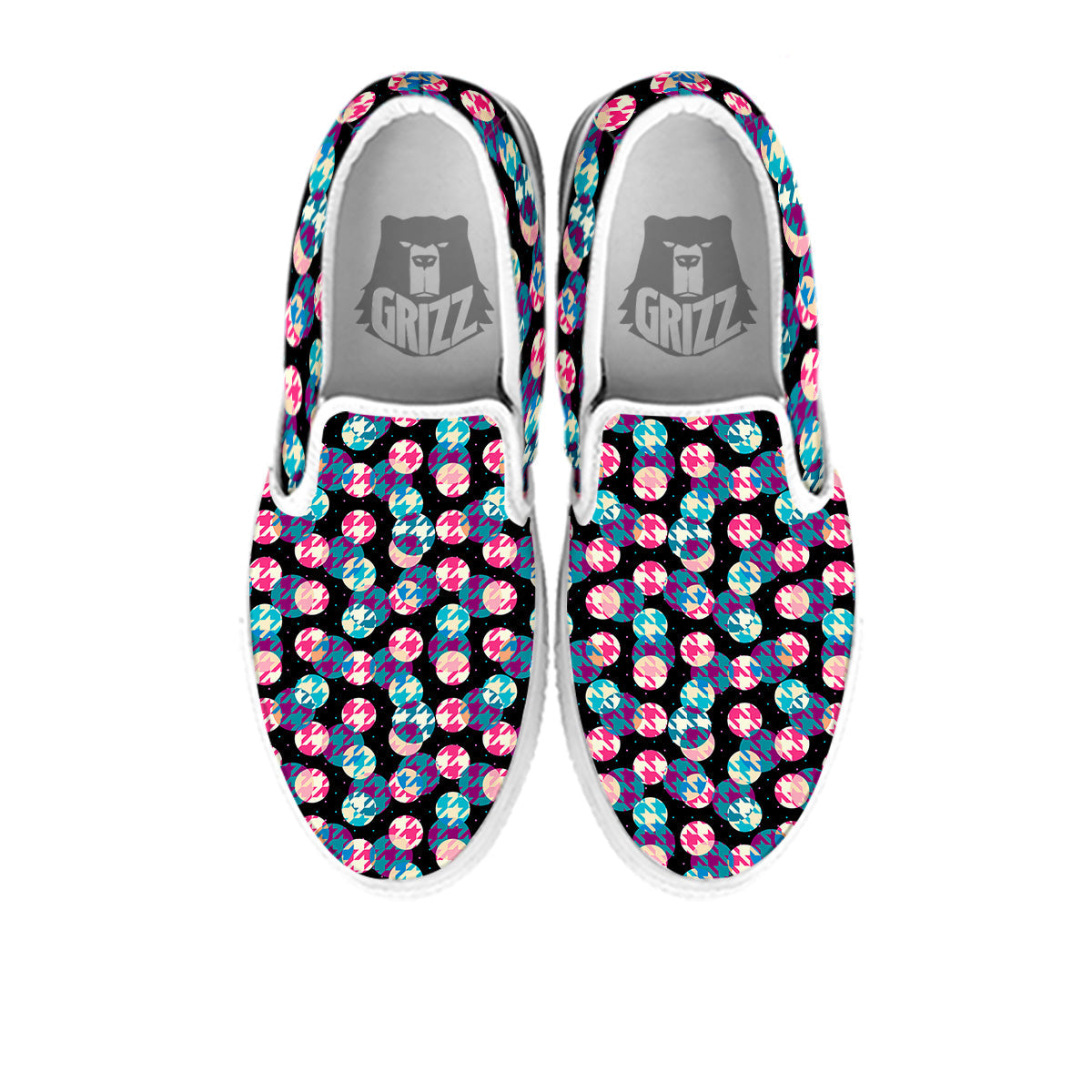 Houndstooth And Classic Polka Dot Print Pattern White Slip On Shoes-grizzshop