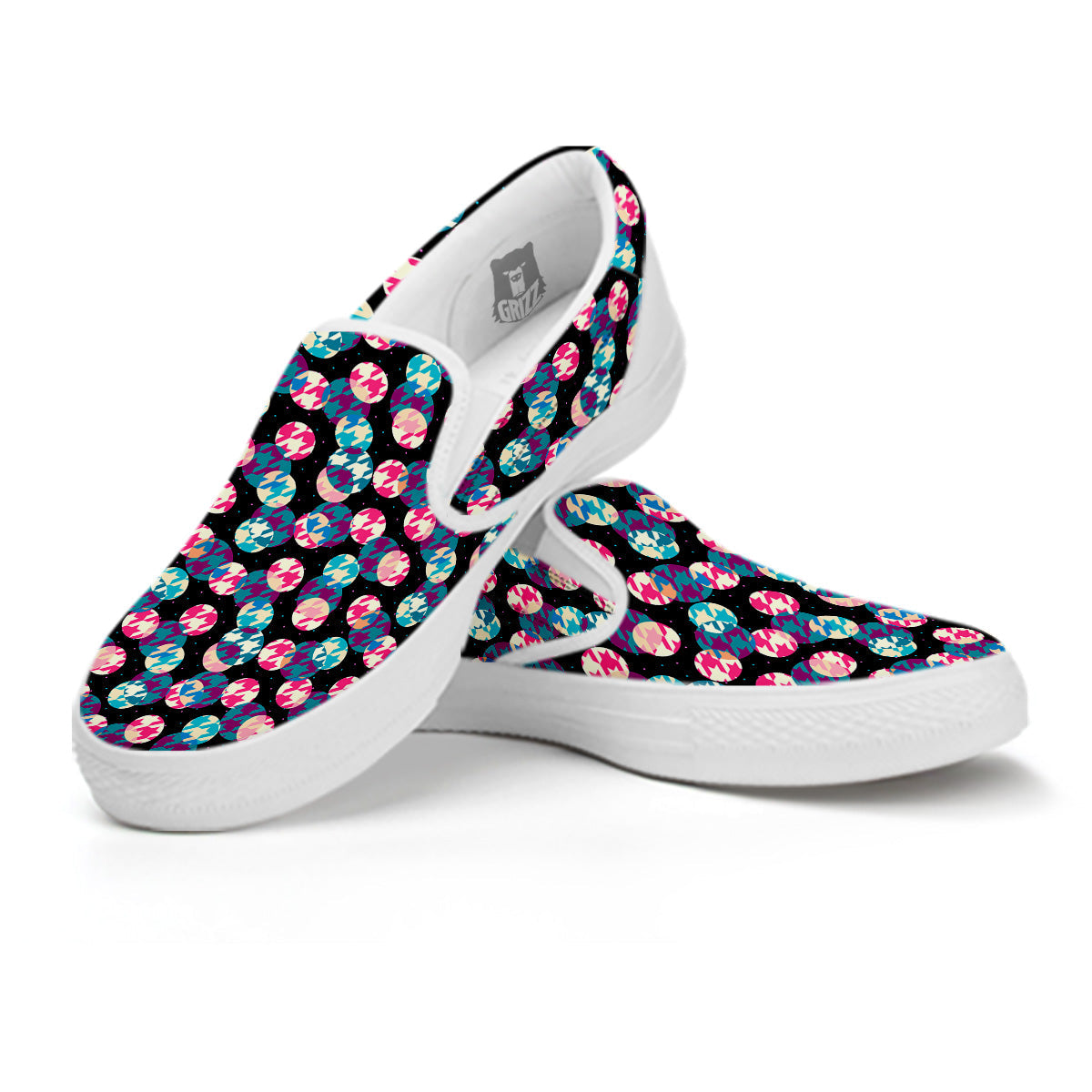 Houndstooth And Classic Polka Dot Print Pattern White Slip On Shoes-grizzshop