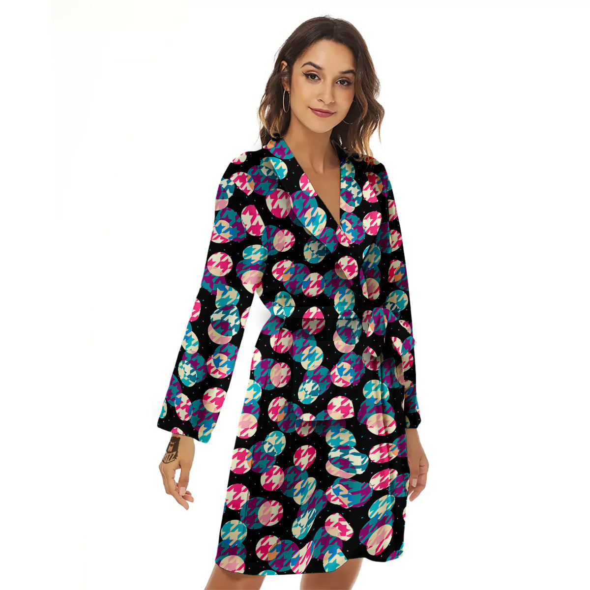 Houndstooth And Classic Polka Dot Print Pattern Women's Robe-grizzshop