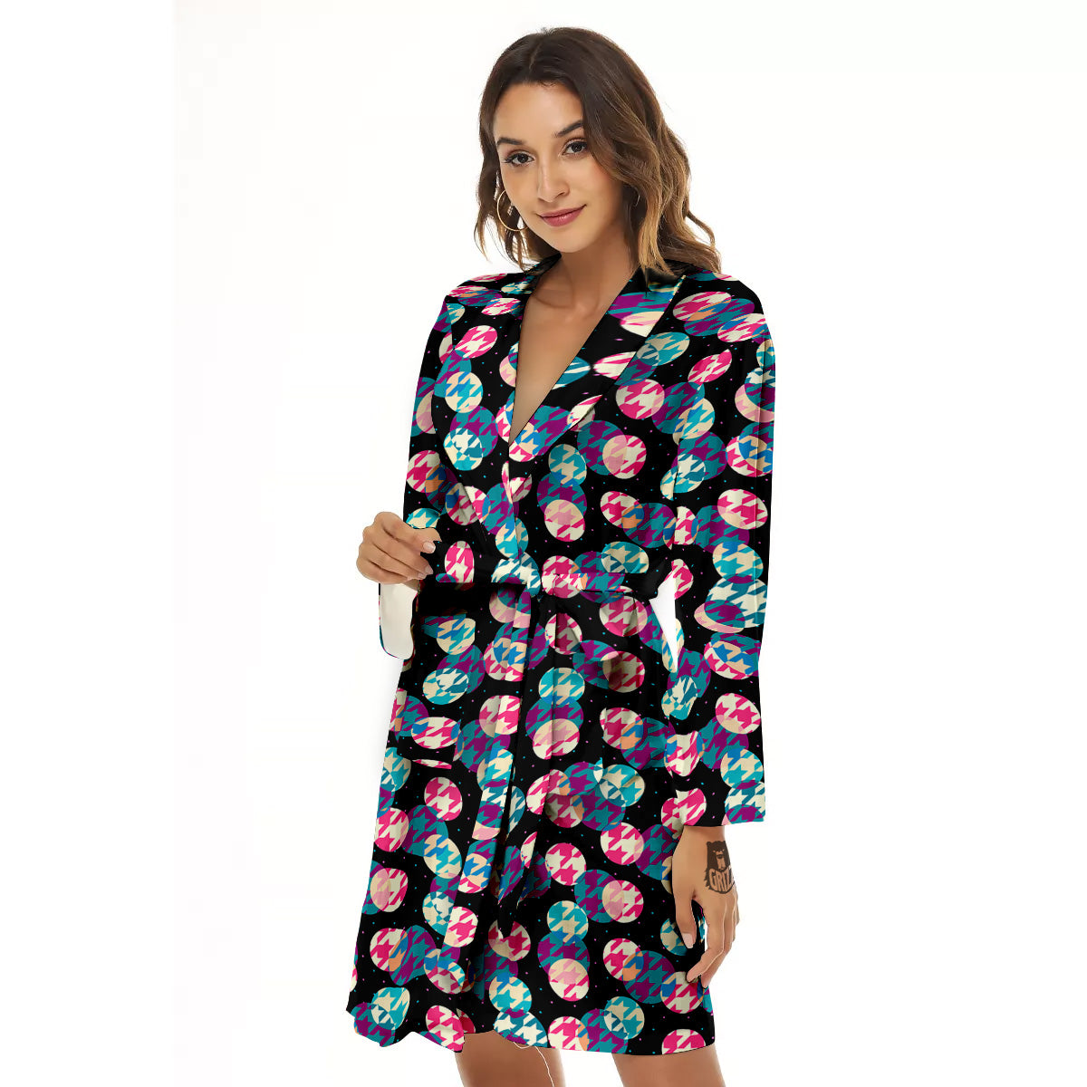 Houndstooth And Classic Polka Dot Print Pattern Women's Robe-grizzshop