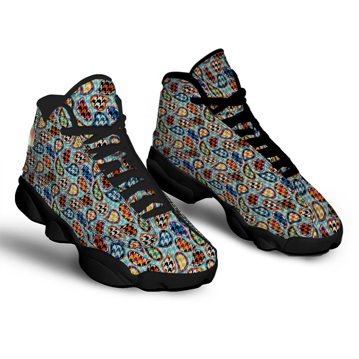 Houndstooth And Paisley Print Pattern Black Basketball Shoes-grizzshop