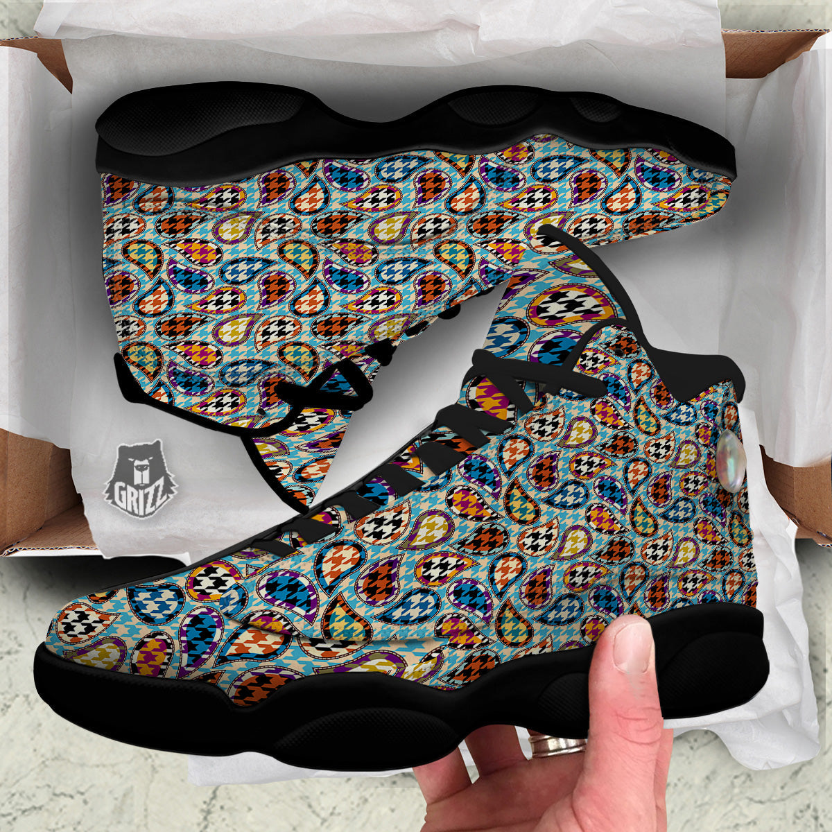 Houndstooth And Paisley Print Pattern Black Basketball Shoes-grizzshop