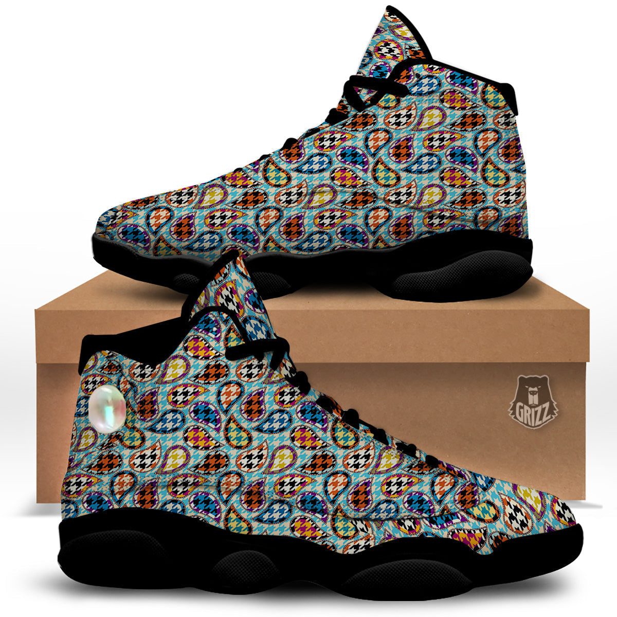 Houndstooth And Paisley Print Pattern Black Basketball Shoes-grizzshop