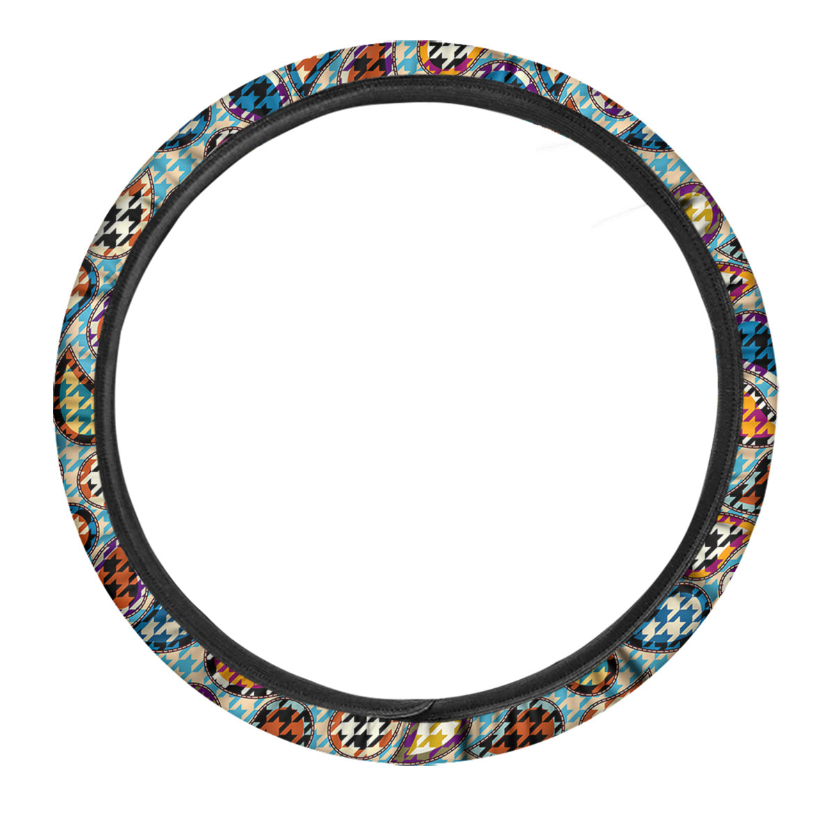 Houndstooth And Paisley Print Pattern Car Steering Wheel Cover-grizzshop