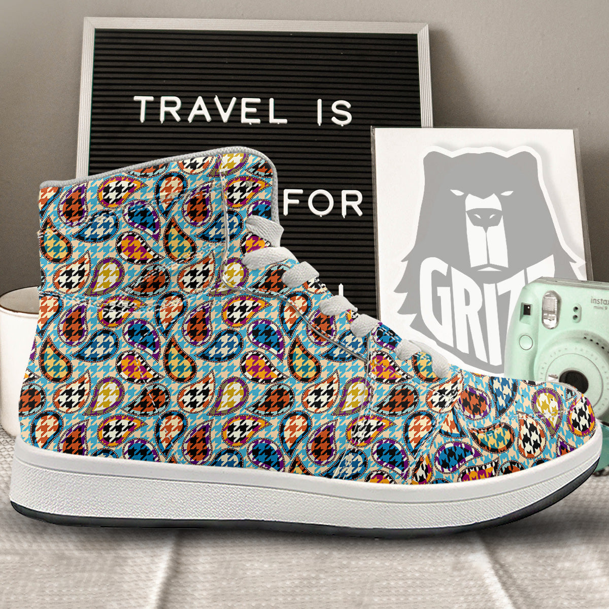 Houndstooth And Paisley Print Pattern High Top Sneakers-grizzshop