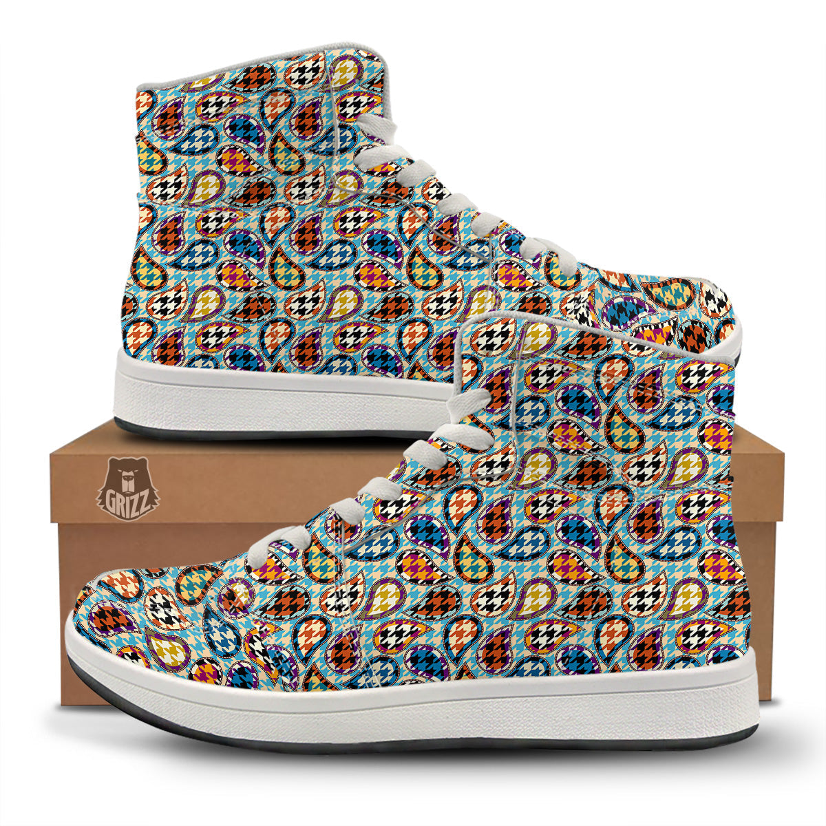 Houndstooth And Paisley Print Pattern High Top Sneakers-grizzshop