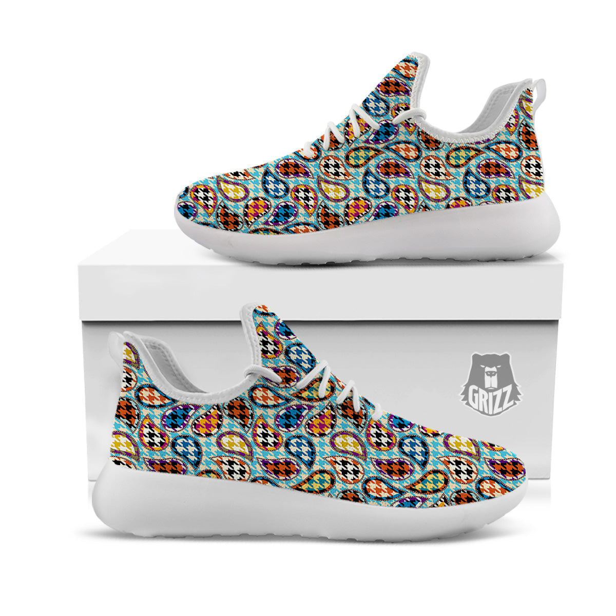 Houndstooth And Paisley Print Pattern White Athletic Shoes-grizzshop