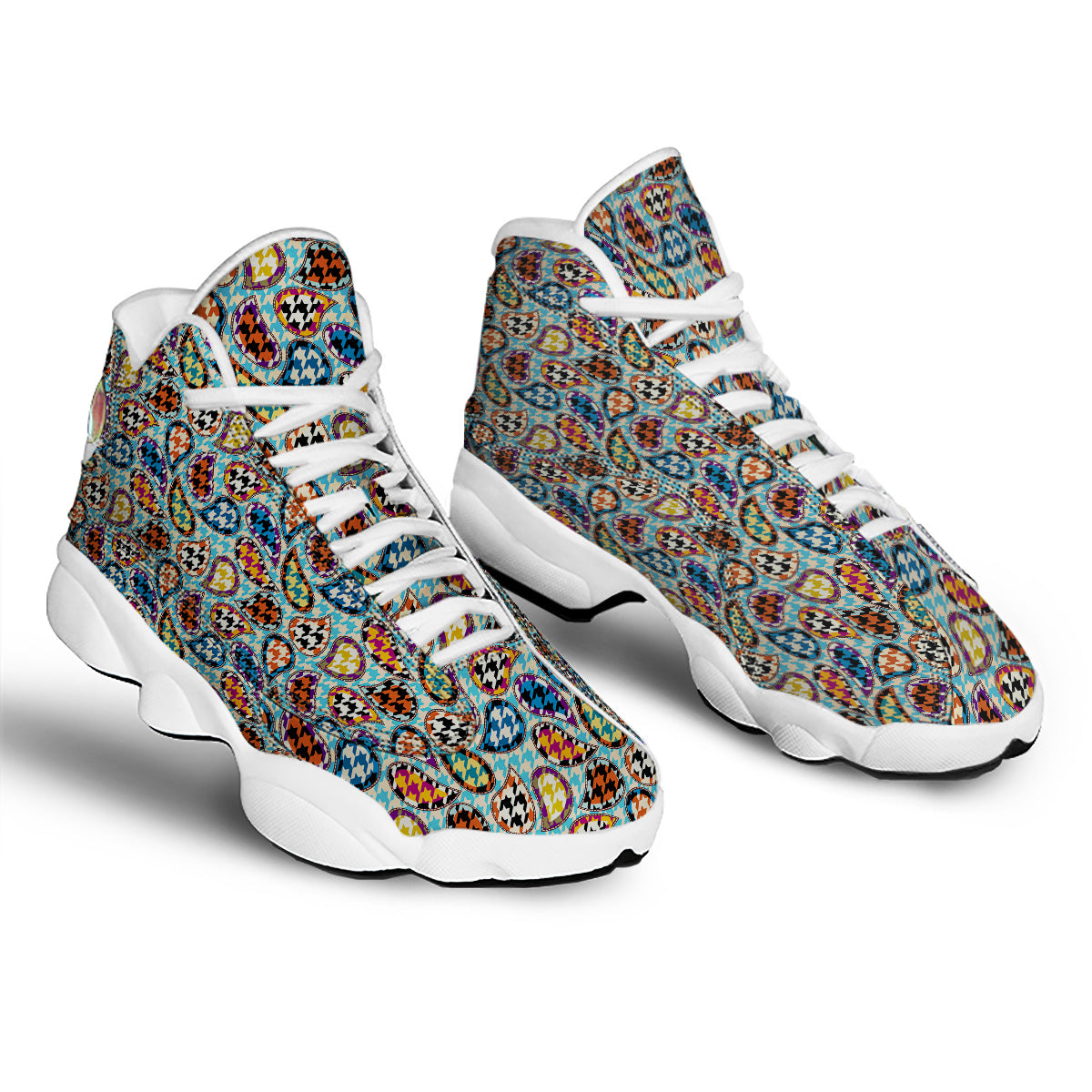 Houndstooth And Paisley Print Pattern White Basketball Shoes-grizzshop