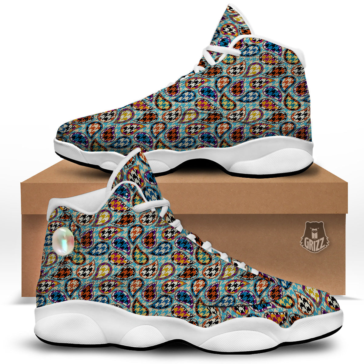 Houndstooth And Paisley Print Pattern White Basketball Shoes-grizzshop