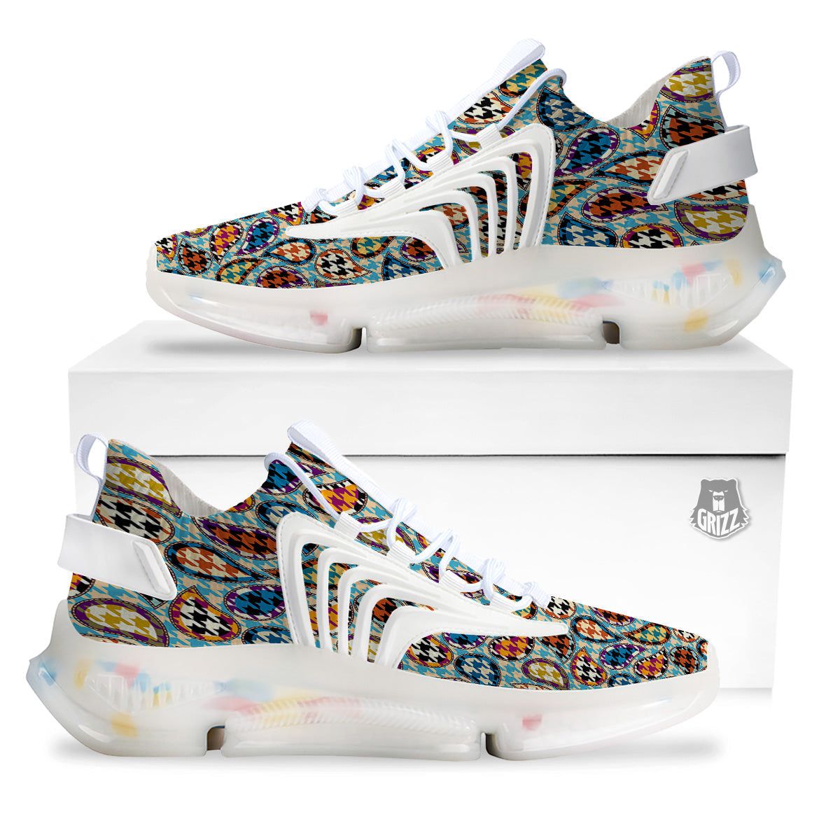Houndstooth And Paisley Print Pattern White Gym Shoes-grizzshop