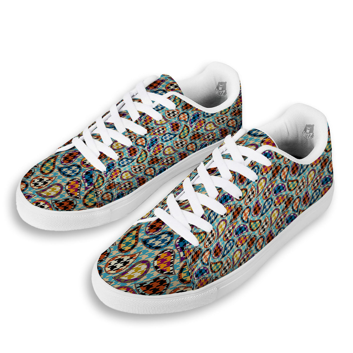 Houndstooth And Paisley Print Pattern White Low Top Sneakers-grizzshop