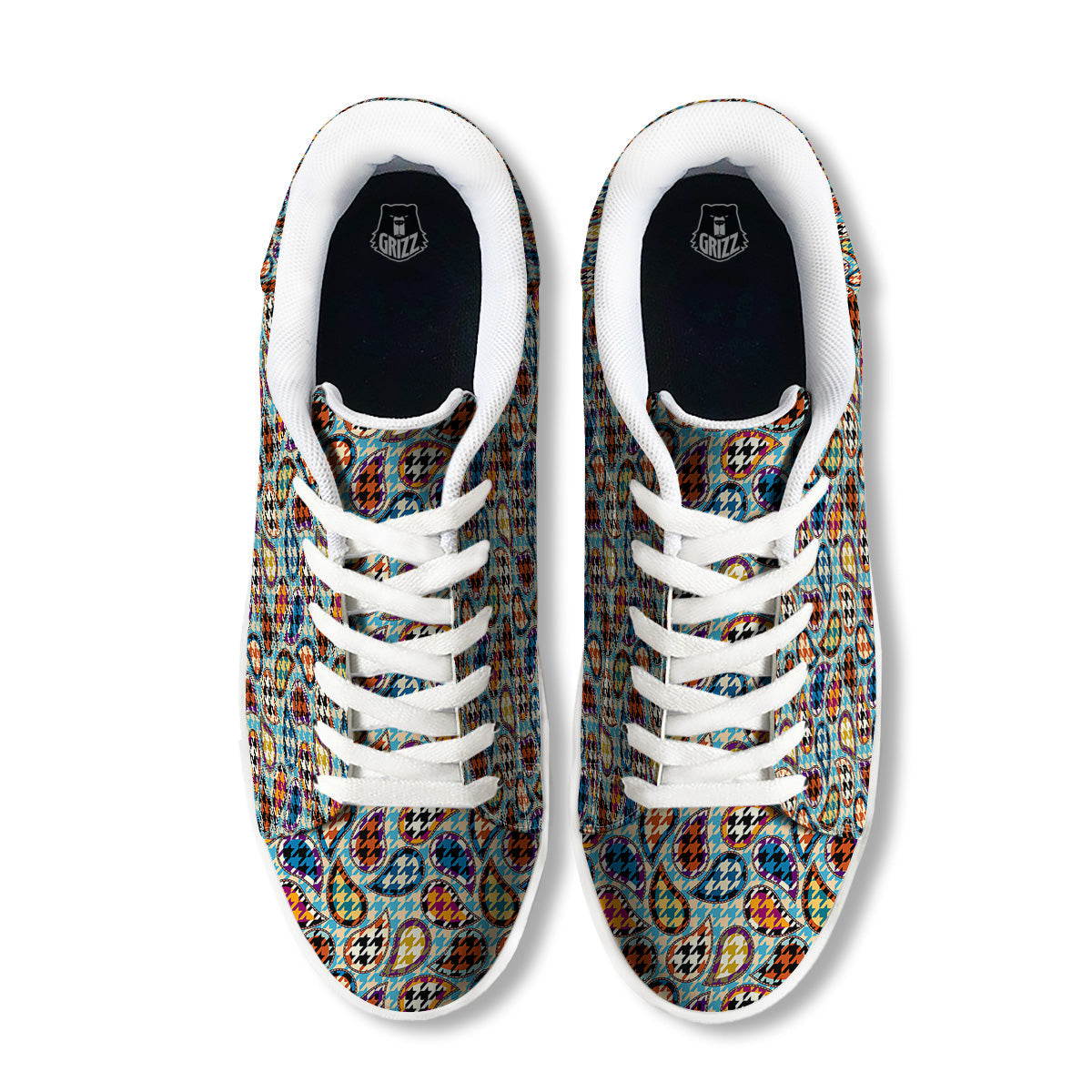 Houndstooth And Paisley Print Pattern White Low Top Sneakers-grizzshop