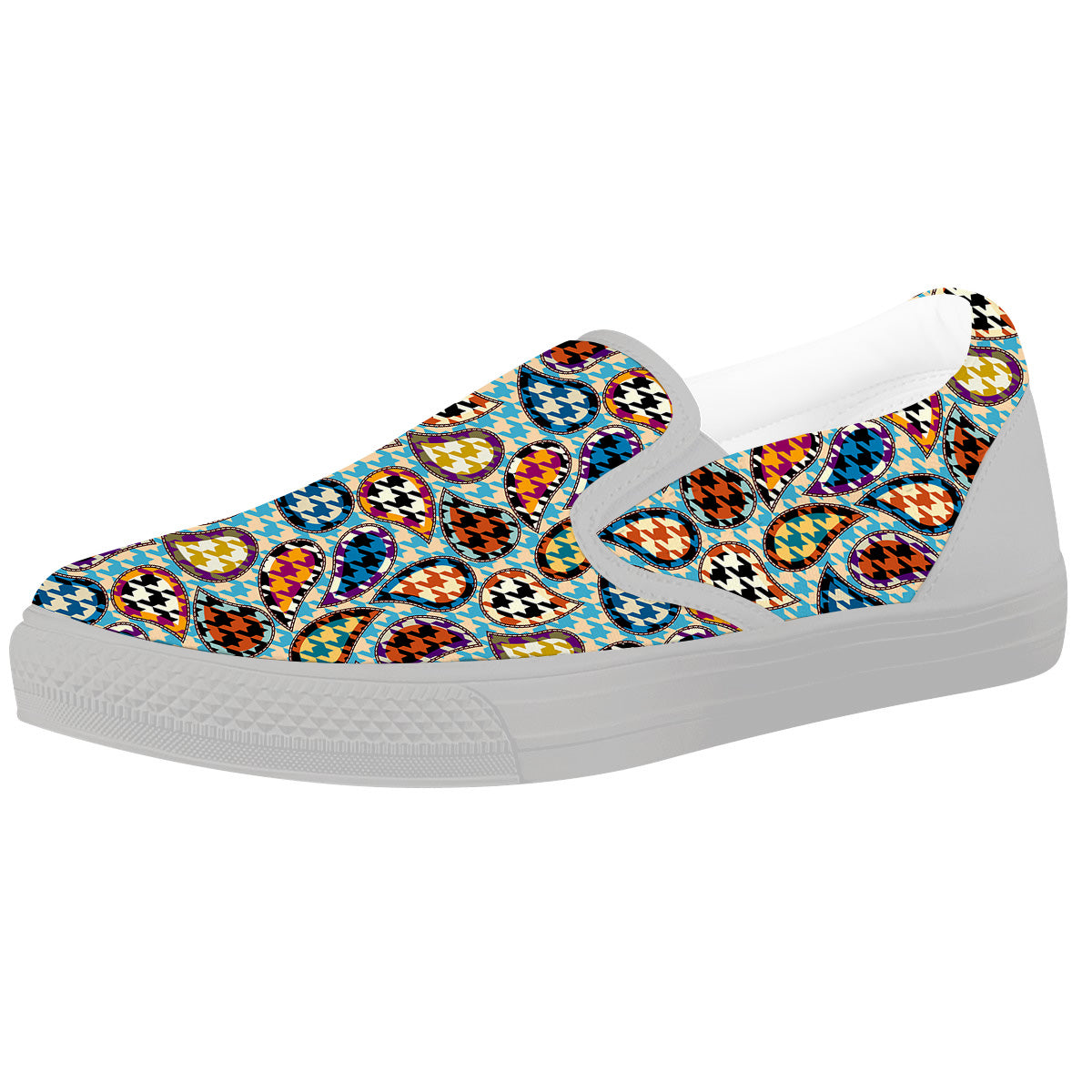 Houndstooth And Paisley Print Pattern White Slip On Shoes-grizzshop