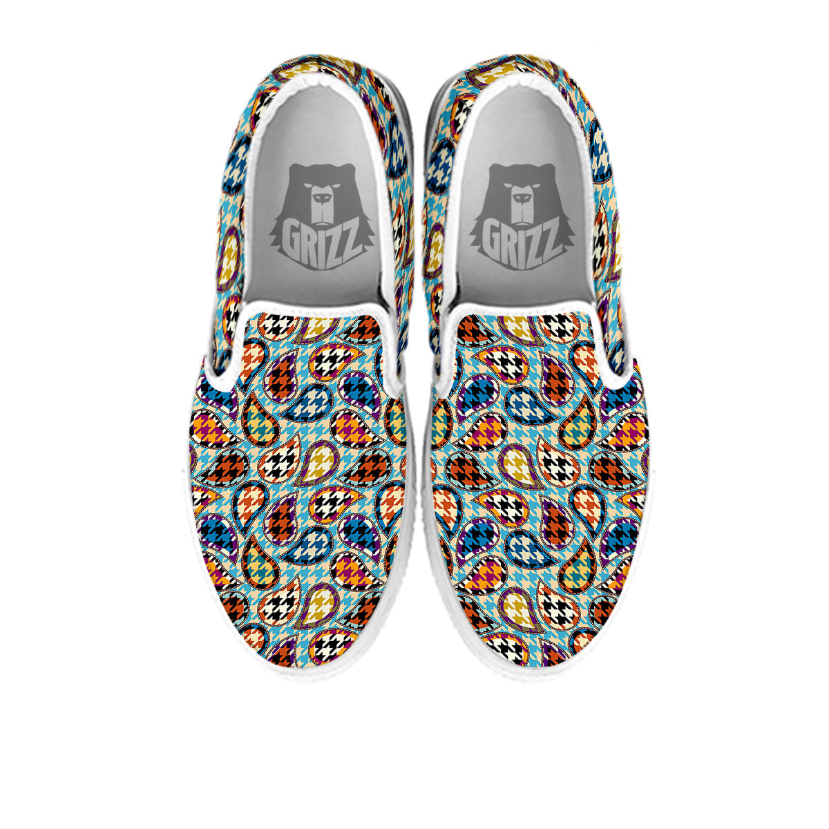 Houndstooth And Paisley Print Pattern White Slip On Shoes-grizzshop