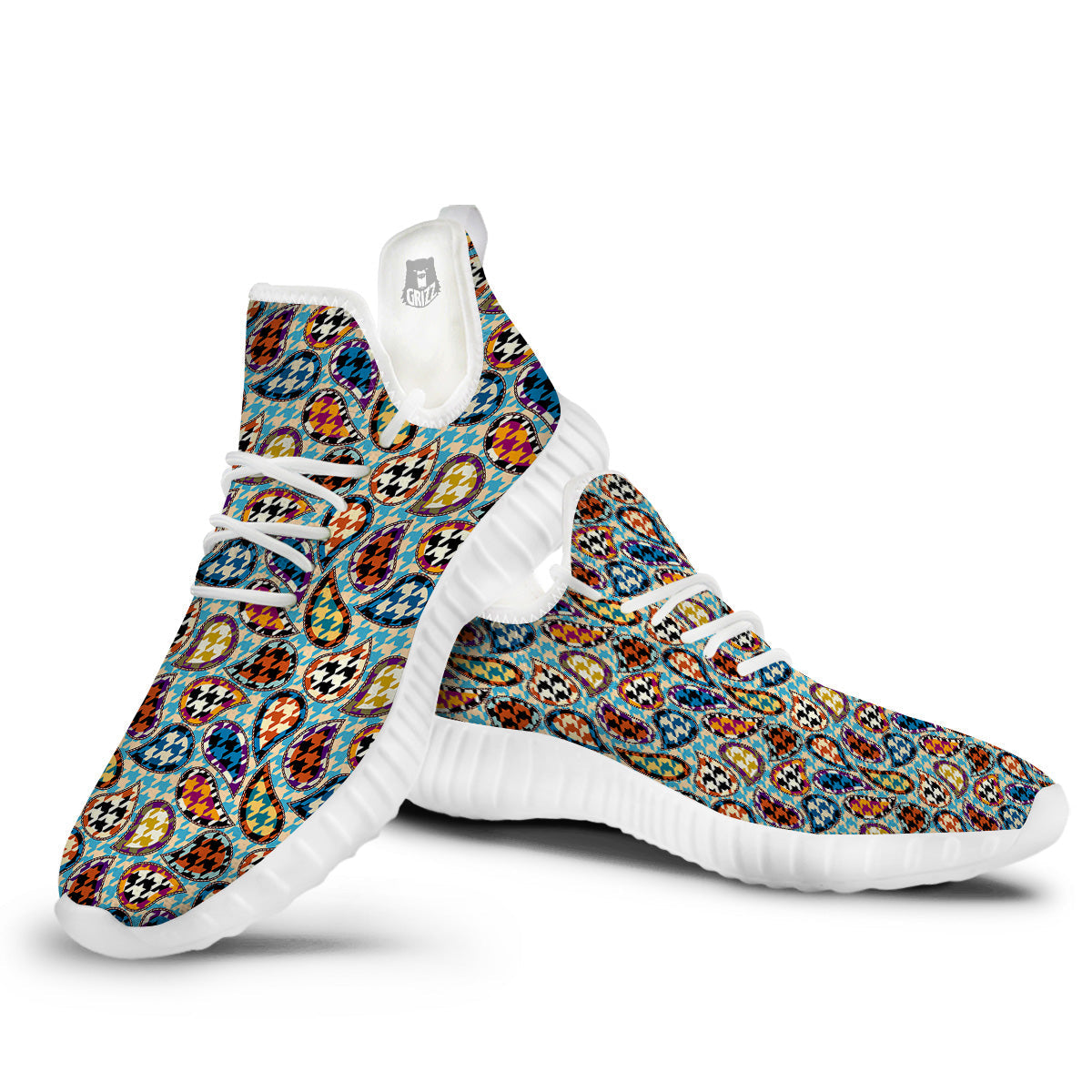 Houndstooth And Paisley Print Pattern White Walking Shoes-grizzshop