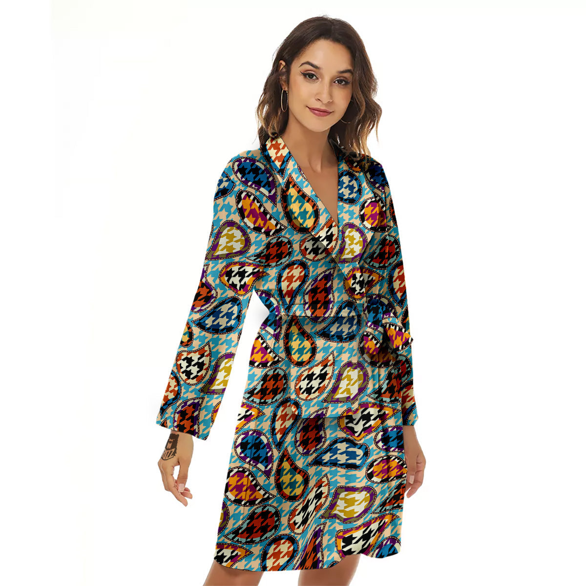 Houndstooth And Paisley Print Pattern Women's Robe-grizzshop