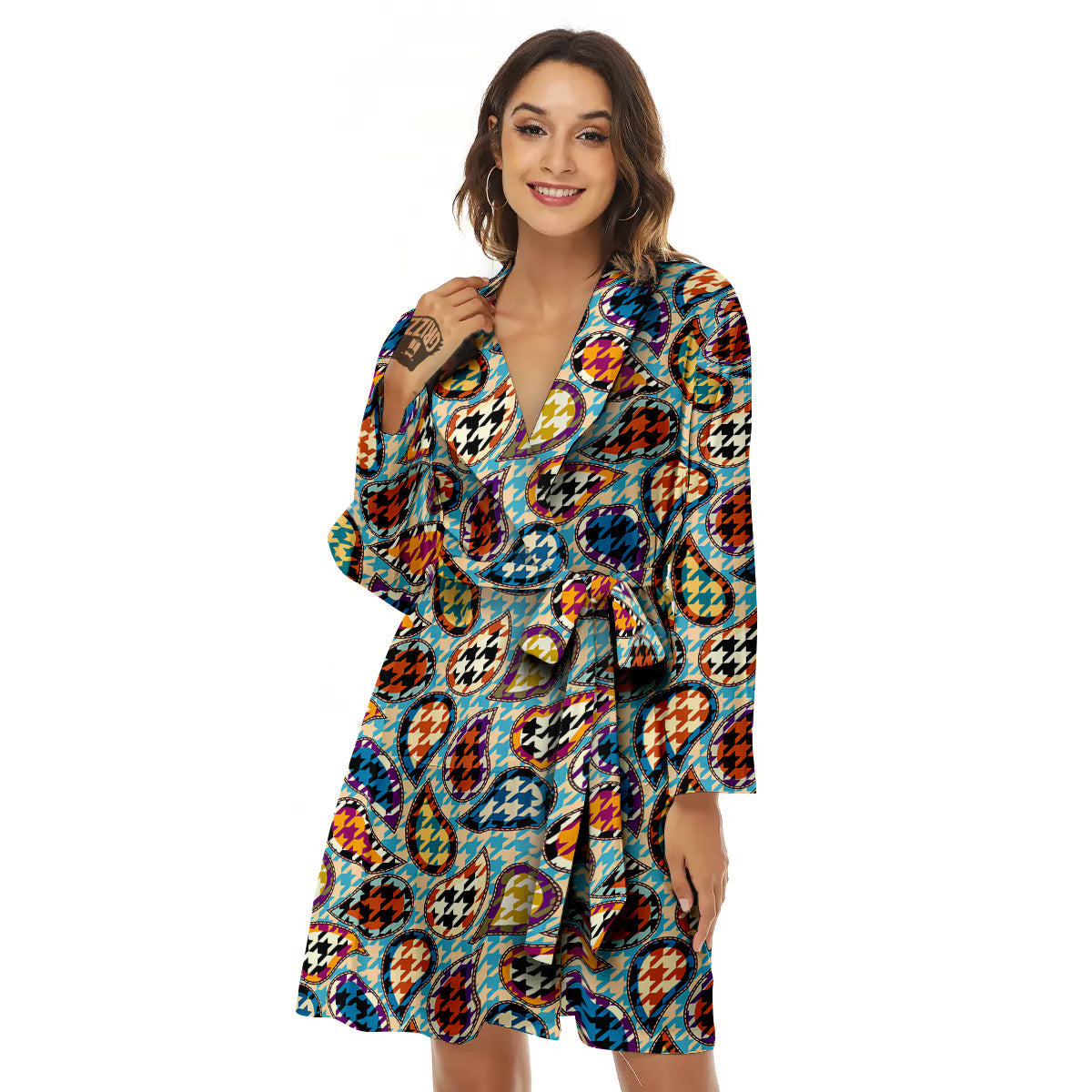 Houndstooth And Paisley Print Pattern Women's Robe-grizzshop
