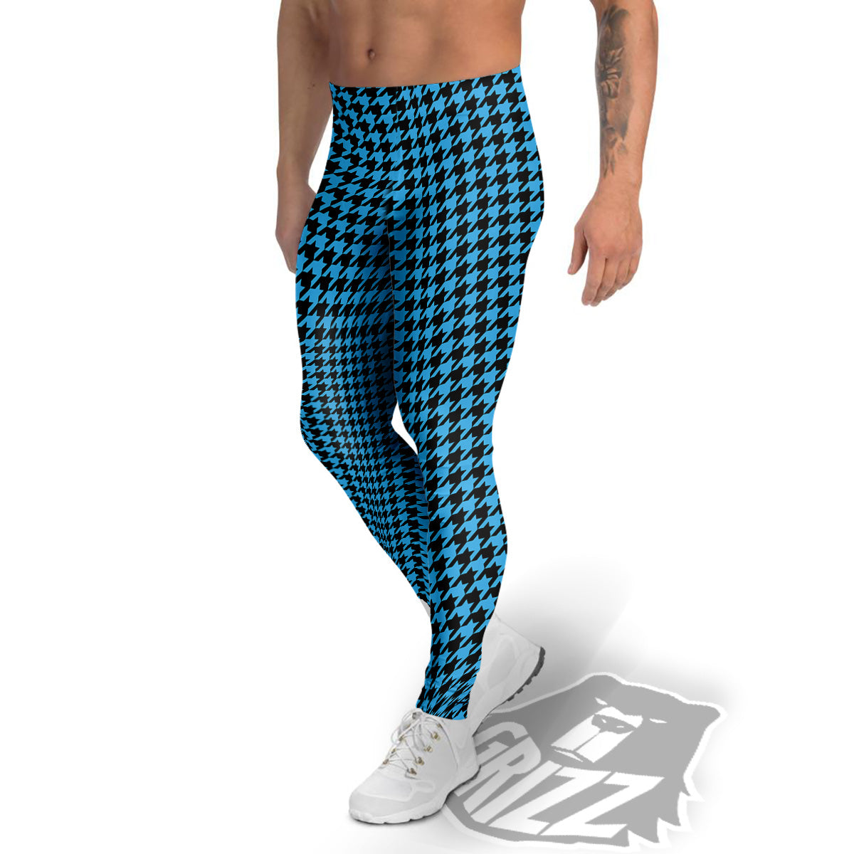 Houndstooth Black And Blue Print Men's Leggings-grizzshop