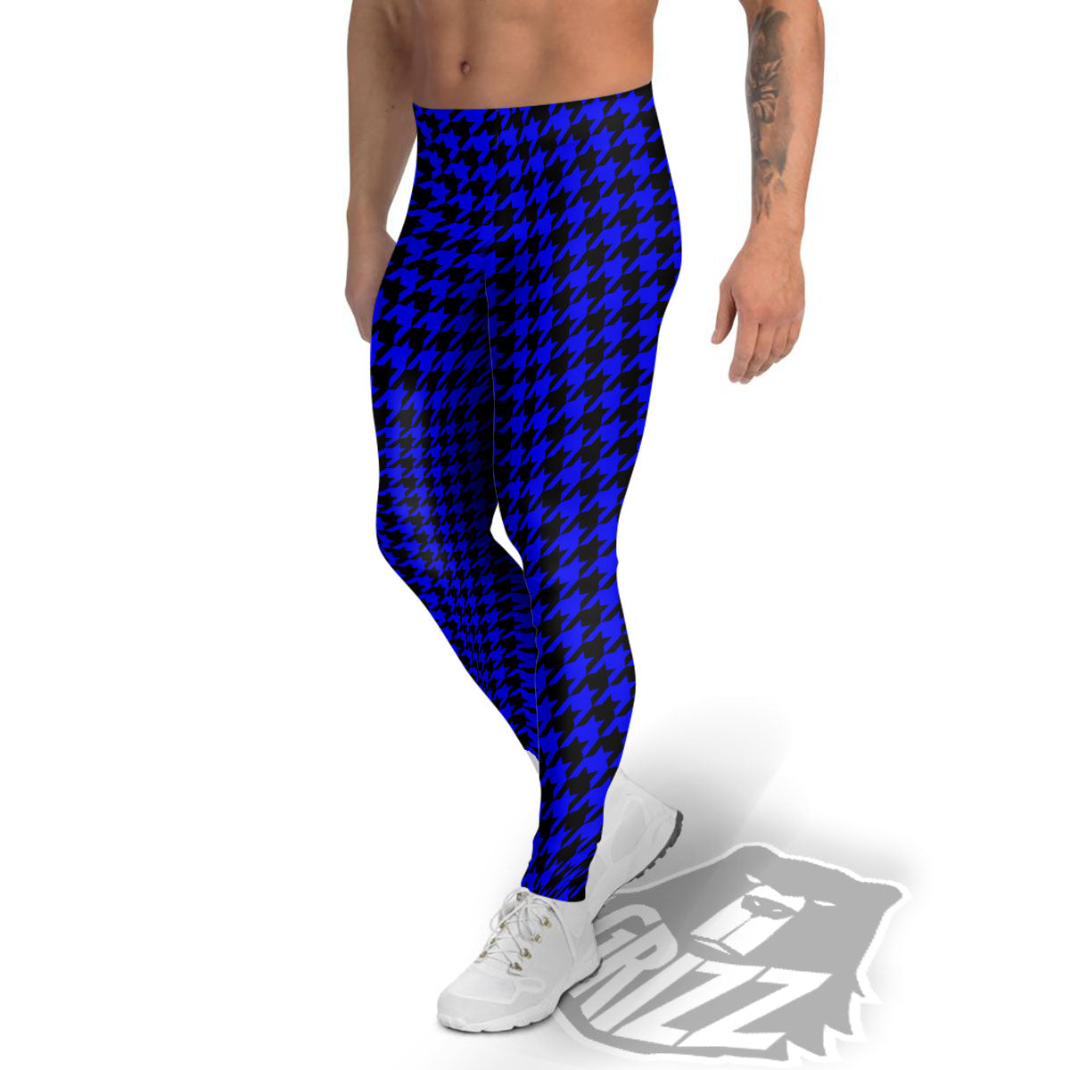 Houndstooth Black And Blue Print Pattern Men's Leggings-grizzshop