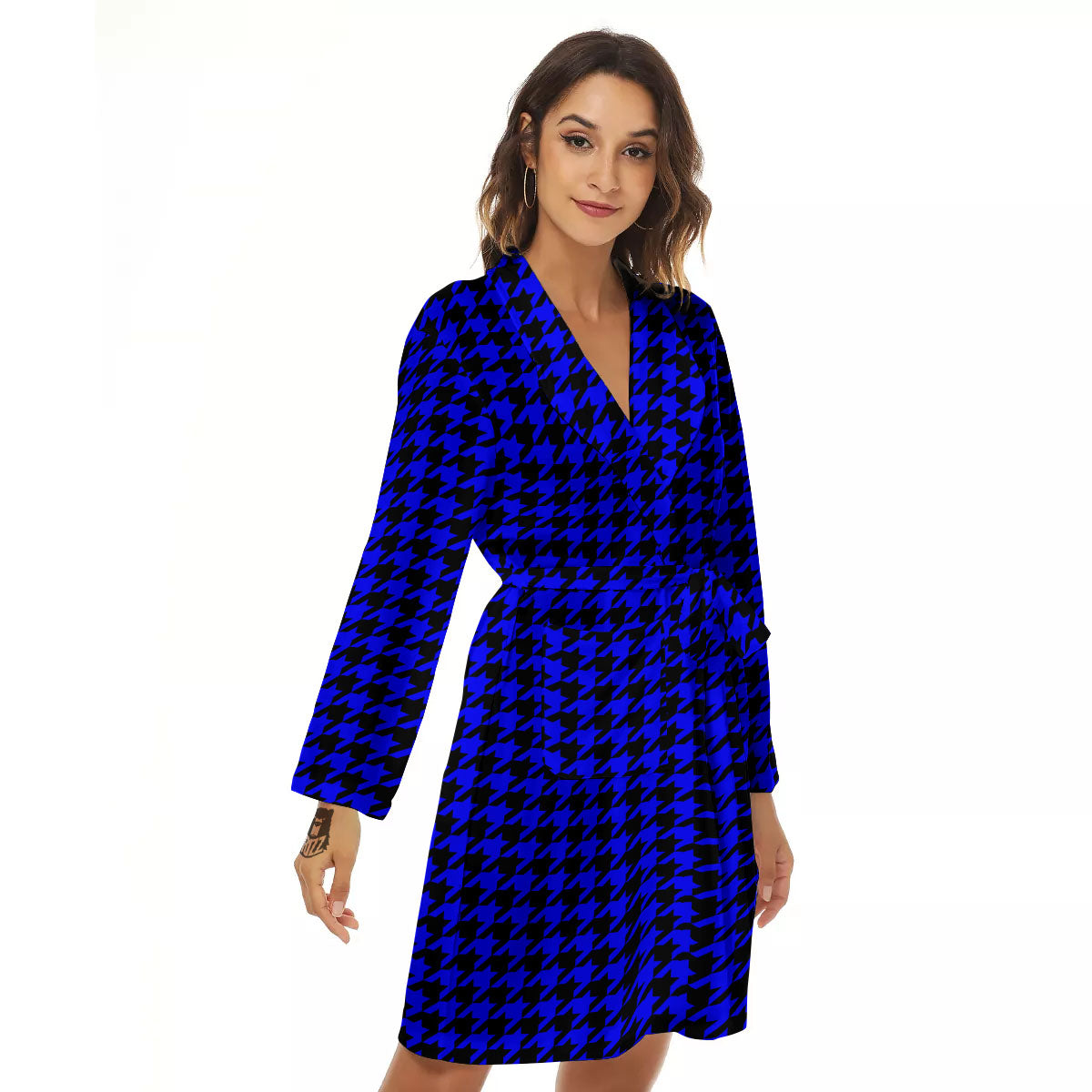 Houndstooth Black And Blue Print Pattern Women's Robe-grizzshop