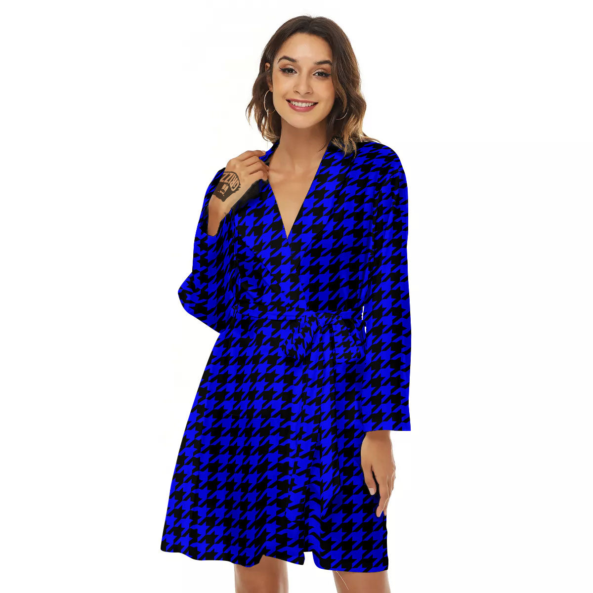 Houndstooth Black And Blue Print Pattern Women's Robe-grizzshop