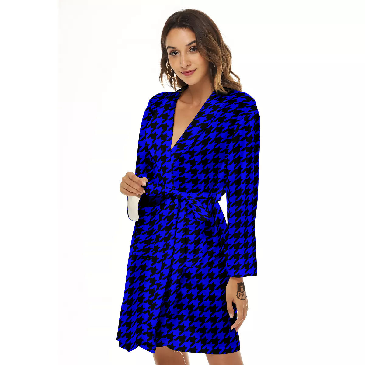 Houndstooth Black And Blue Print Pattern Women's Robe-grizzshop