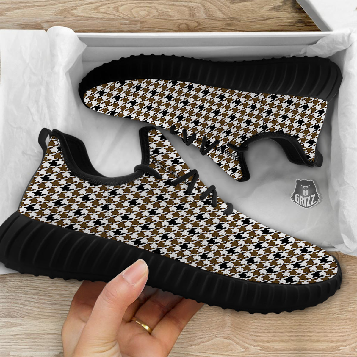 Houndstooth Black And Brown Print Black Walking Shoes-grizzshop