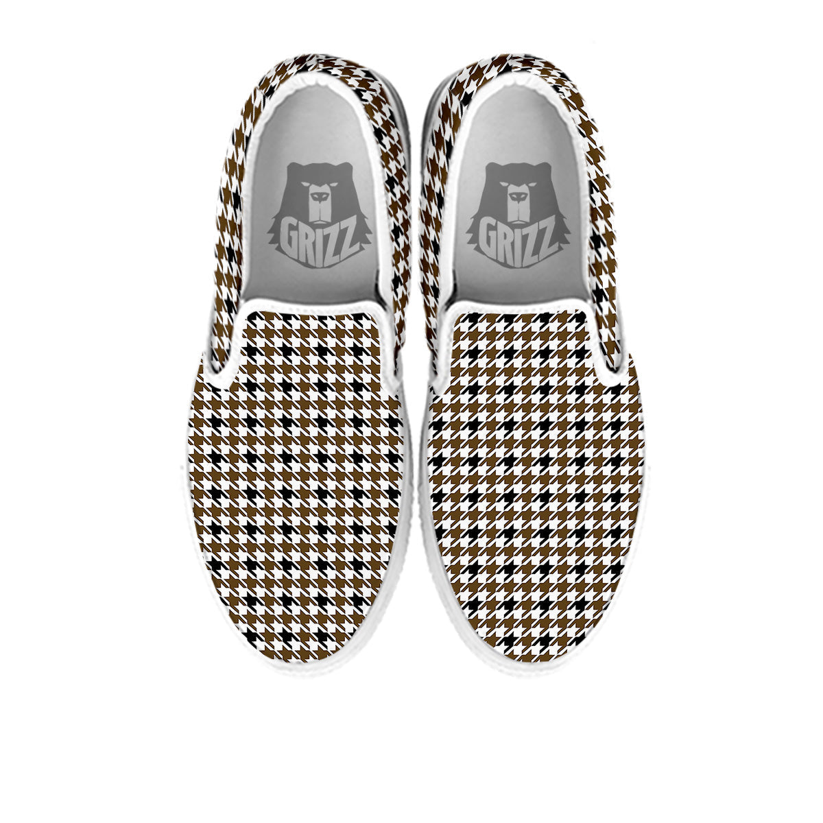 Houndstooth Black And Brown Print White Slip On Shoes-grizzshop